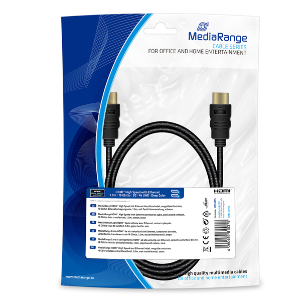 MediaRange HDMI Καλώδιο High Speed με Ethernet, Επίχρυσες Επαφές, 18 Gbit/s, 1.0m, Υφασμάτινο, Μαύρο (MRCS195)