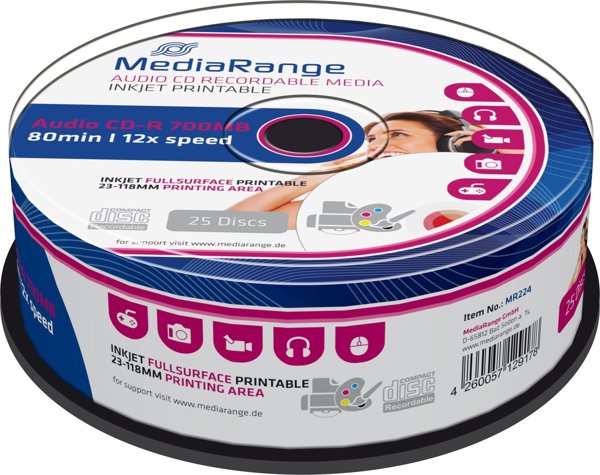 MediaRange CD-R Audio 700MB 80min Cake 25 Τεμαχίων Printable, Επαγγελματικής Ποιότητας