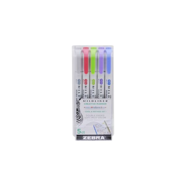 Zebra Mildliner Διπλός Μαρκαδόρος Υπογράμμισης, Σετ 5 Τεμαχίων Cool & Refined, Bold & Fine Point