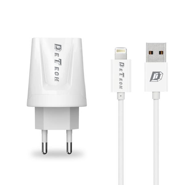 Φορτιστής δικτύου, DeTech, DE-01i, 5V/2.1A, 220V, Universal, 1 x USB, καλώδιο Lightning, 1.0m, λευκό - 14120
