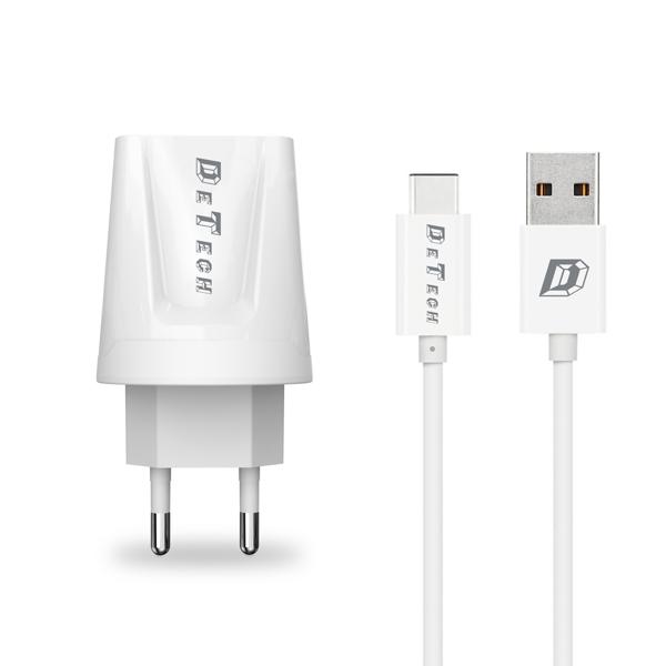 Φορτιστής δικτύου, DeTech, DE-01C, 5V/2.1A, 220V, Universal, 2 x USB, καλώδιο Type-C, 1.0m, λευκό - 14121