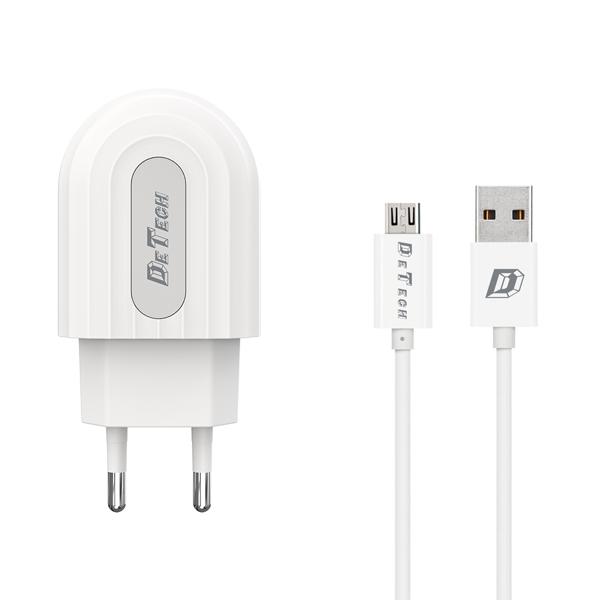 Φορτιστής δικτύου, DeTech, DE-28M, 5V/2.1A, 220V, Universal, 1 x USB, καλώδιο Micro USB, 1.0m, λευκό - 14133