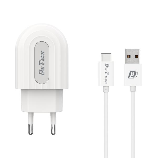 Φορτιστής δικτύου, DeTech, DE-28C, 5V/2.4A, 220V, Universal, 1 x USB, καλώδιο Type-C, 1.0m, λευκό - 14135
