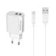 Φορτιστής δικτύου, DeTech, DE-09i, 5V/2.4A, 220V, Universal, 2 x USB, καλώδιο Lightning, 1.0m, λευκό - 14142