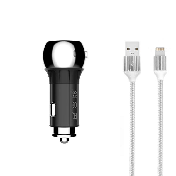 Φορτιστή αυτοκινήτου LDNIO C1, 1xUSB QC3.0, 1xType-C PD, με καλώδιο Lightning, Γκρί - 40077