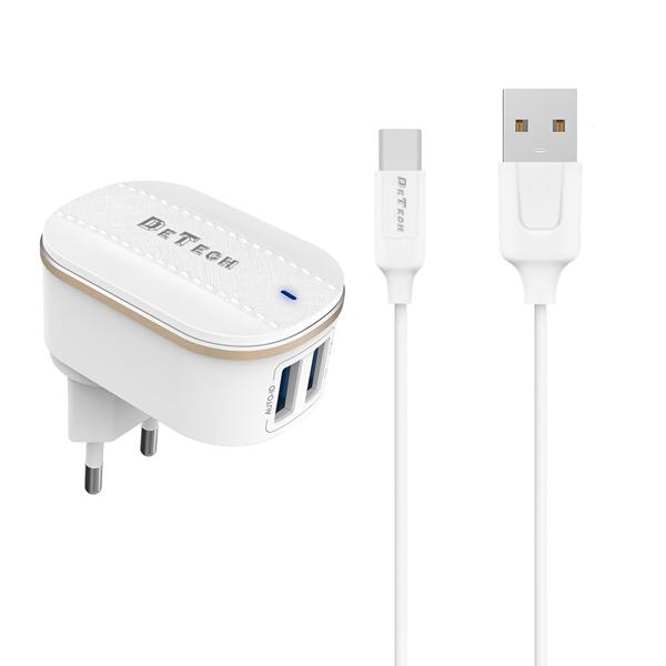 Φορτιστής δικτύου DeTech DE-15C, 5V/3.1A, 220V, Universal, 2 x USB, καλώδιο Type-C, 1.0m, λευκό - 40098