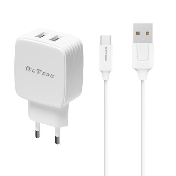 Φορτιστής δικτύου DeTech, DE-33M, 5V/2.4A, 220V, Universal, 2 x USB, καλώδιο Micro USB, 1.0m, λευκό - 40100