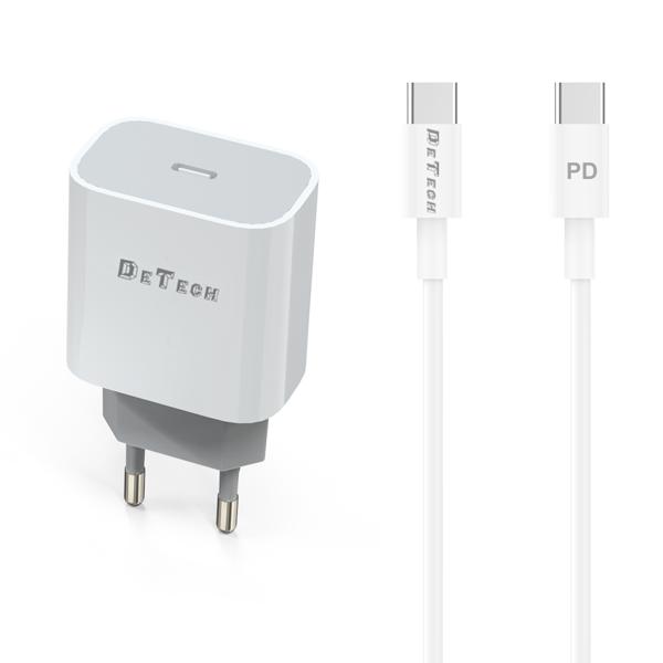 Φορτιστής δικτύου DeTech DE-30PD, 5V/3.0A 220V, 1 x Type-C F, PD, Καλώδιο Type-C, λευκό - 40115