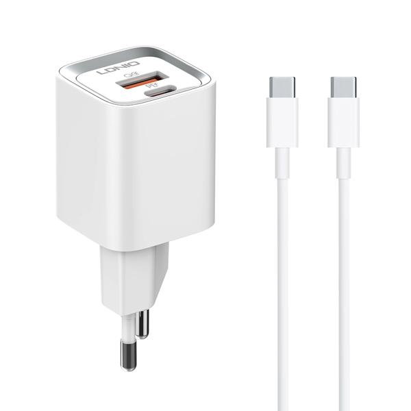 Φορτιστής δικτύου LDNIO A2318C, 20W, 1 x Type-C F, 1 x USB F, PD, QC, Καλώδιο PD Type-C, λευκό - 40292
