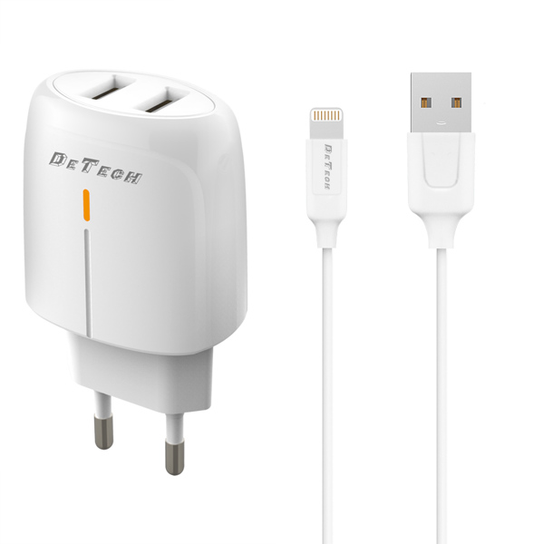Φορτιστής δικτύου DeTech DE-32QCi, 18W,  καλώδιο Lightning, 2 x USB F, PD, λευκό - 40326