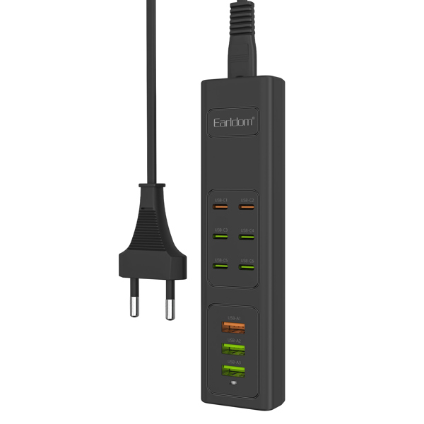 Πολύπριζο Earldom ES-SC24, 6 х USB-C, 3 x USB F, 1m., Μαυρο - 40520