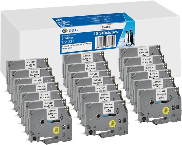 20x G&G Ταινία εκτύπωσης 12mm x 8m μαύρο σε λευκό συμβατό με Brother TZe-231