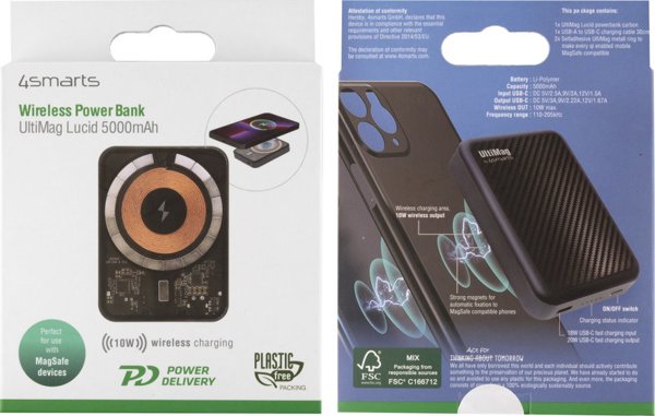 4smarts 4smarts UltiMag, 5000 mAh, Λιθίου Πολυμερούς (LiPo), Προσαρμοστική Γρήγορη Φόρτιση, Γρήγορη Φόρτιση 3.0, Ασύρματη φόρτιση, Άνθρακας