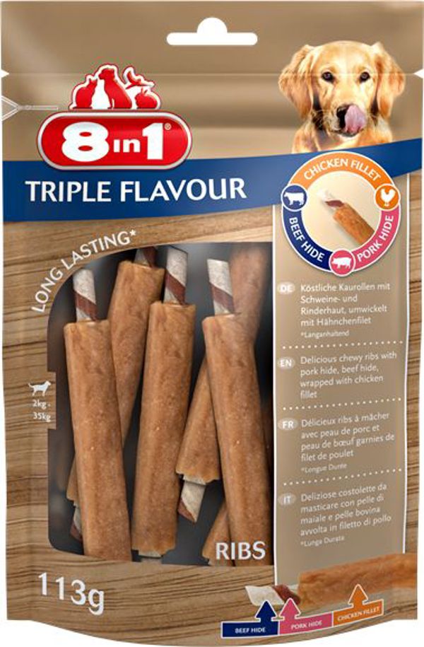 8in1 Triple Flavor Extra Meaty Ribs - Λιχουδιές για Σκύλους, Χοιρινό, Μοσχάρι & Κοτόπουλο, 6 Τεμάχια
