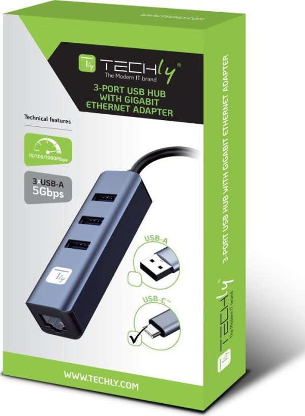 Προσαρμογέας Techly Κάρτα Δικτύου USB-C 3.1 σε RJ45 Gigabit με Hub 3x USB 3.0