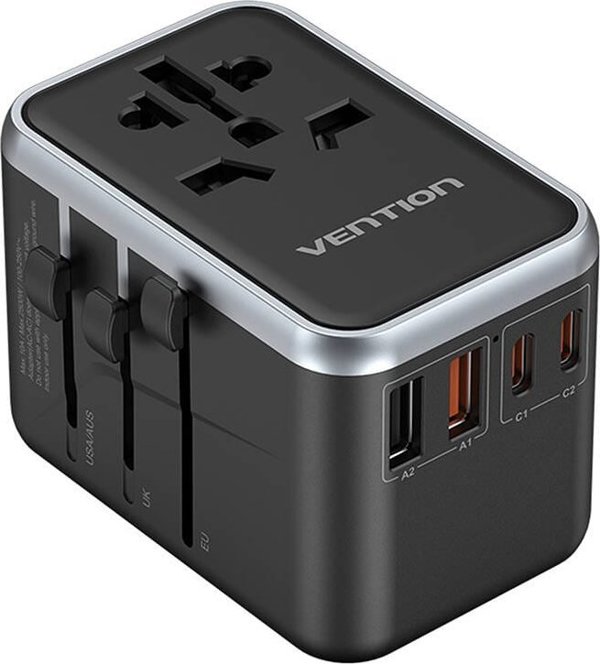 Παγκόσμιος ταξιδιωτικός αντάπτορας 65W Vention FJFB0 GaN 2xUSB-C 2xUSB-A (μαύρο)