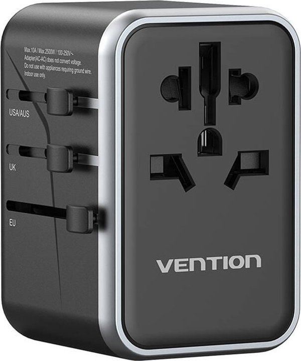 Παγκόσμιος ταξιδιωτικός αντάπτορας 65W Vention FJFB0 GaN 2xUSB-C 2xUSB-A (μαύρο)
