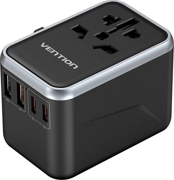 Παγκόσμιος ταξιδιωτικός αντάπτορας 65W Vention FJFB0 GaN 2xUSB-C 2xUSB-A (μαύρο)