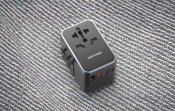 Παγκόσμιος ταξιδιωτικός αντάπτορας 65W Vention FJFB0 GaN 2xUSB-C 2xUSB-A (μαύρο)