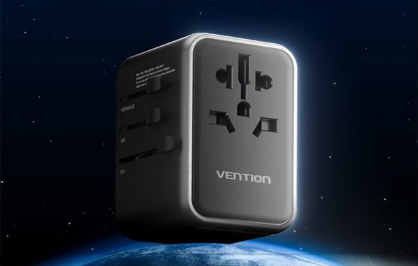 Παγκόσμιος ταξιδιωτικός αντάπτορας 65W Vention FJFB0 GaN 2xUSB-C 2xUSB-A (μαύρο)