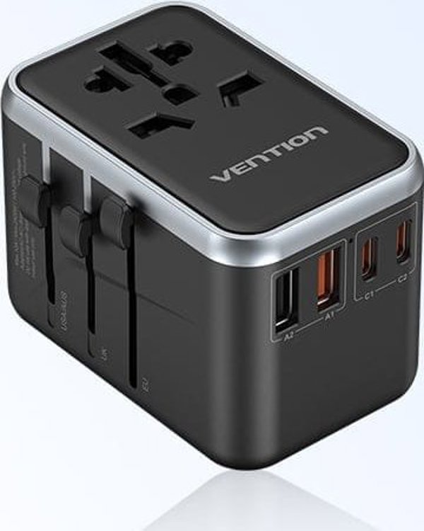 Παγκόσμιος ταξιδιωτικός αντάπτορας 65W Vention FJFB0 GaN 2xUSB-C 2xUSB-A (μαύρο)