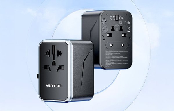 Παγκόσμιος ταξιδιωτικός αντάπτορας 65W Vention FJFB0 GaN 2xUSB-C 2xUSB-A (μαύρο)