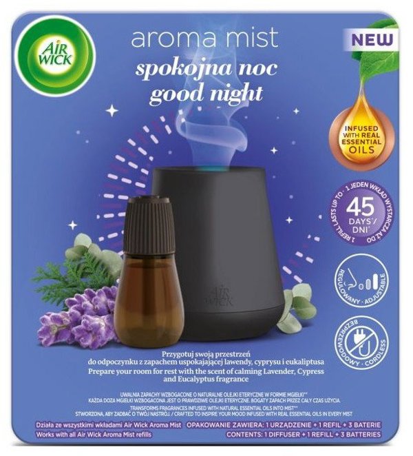 Air Wick Essential Mist Aroma αυτόματος αρωματικός διαχυτής + χαλαρωτικό ανταλλακτικό με άρωμα τριαντάφυλλου 20 ml (AIRW-WK-002-83)