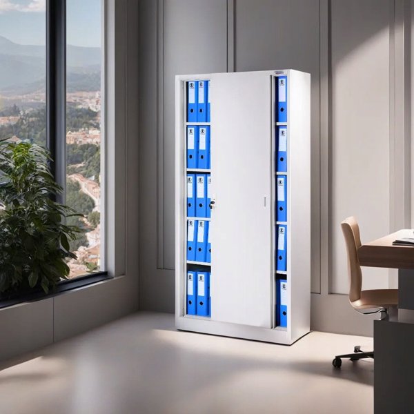 Aktenschrank, Schiebetürenschrank, Metallschrank KUBA, 900 x 1850 x 400 mm, grau
