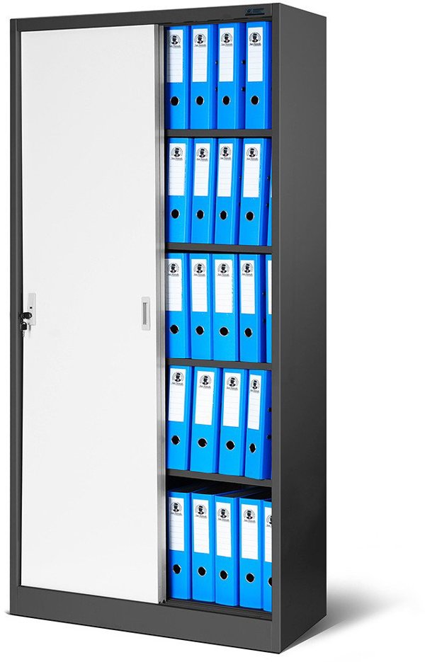 Aktenschrank, Schiebetürenschrank, Metallschrank KUBA, 900 x 1850 x 400 mm, anthrazit-weiß