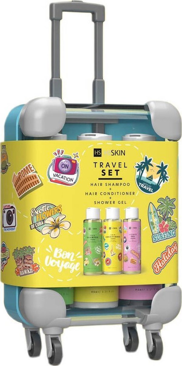 Alkotest HISKIN_SET Travel Mini Βαλίτσα σαμπουάν για τα μαλλιά 95ml + μαλακτική για τα μαλλιά 95ml + τζελ για το ντους 95ml Κίτρινη