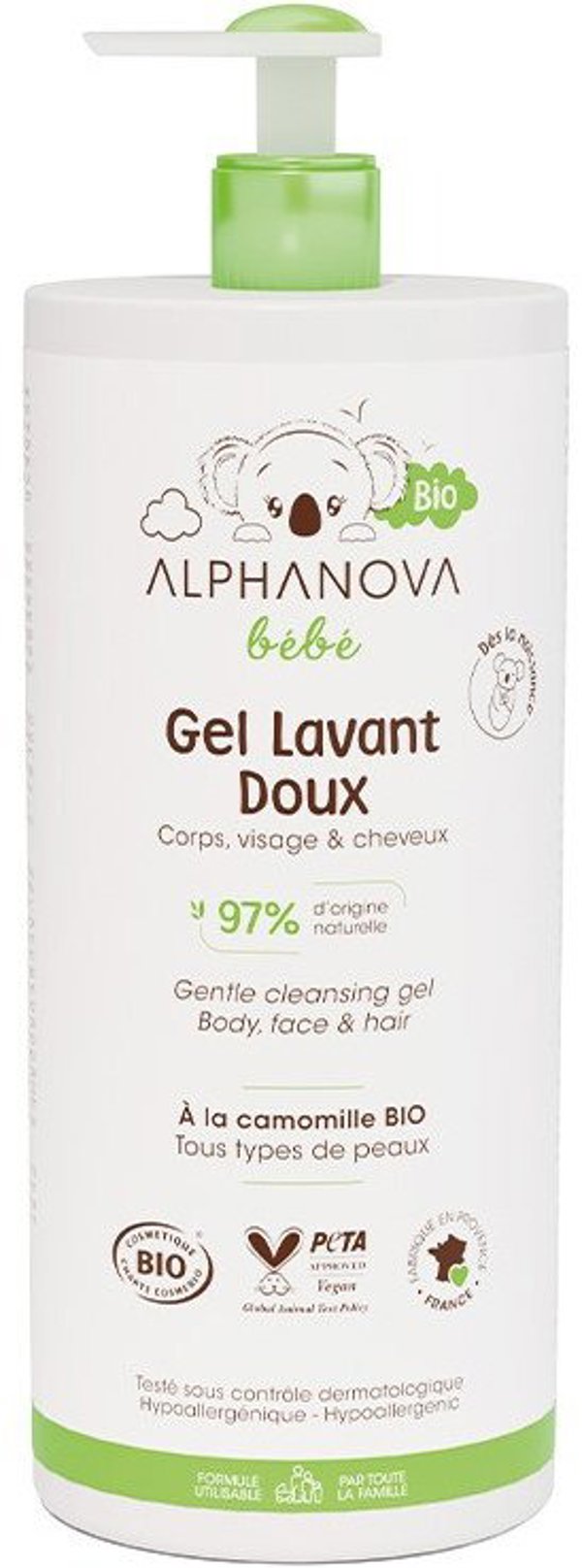 Alphanova Bebe Bio, Απαλό τζελ καθαρισμού για βρέφη 2 σε 1, 1000 ml