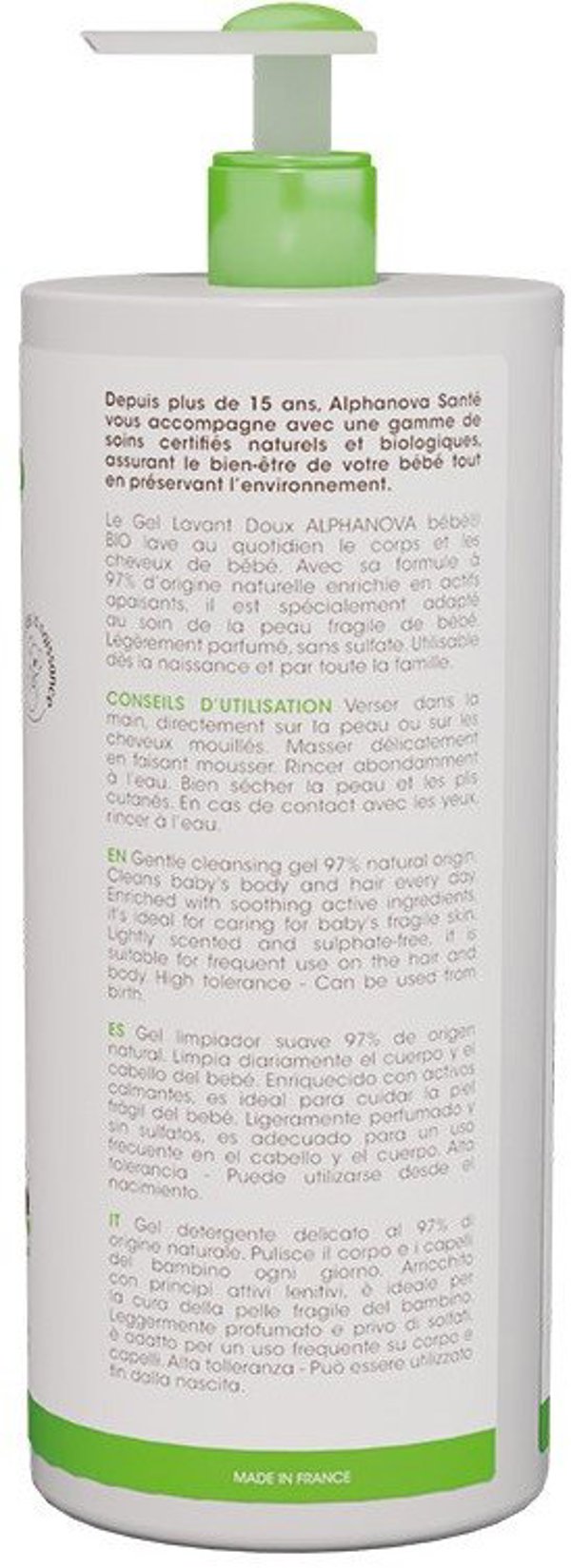 Alphanova Bebe Bio, Απαλό τζελ καθαρισμού για βρέφη 2 σε 1, 1000 ml