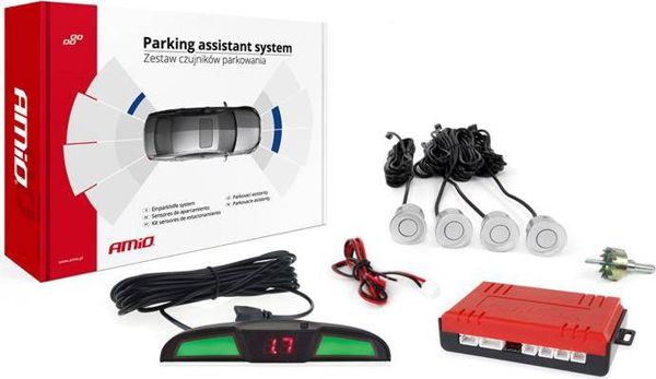 AMiO Σετ Αισθητήρων Παρκαρίσματος 4 Θέσεων με LED Οθόνη, Ασημένιοι
