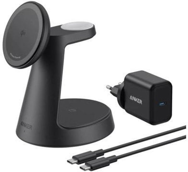 ANKER MagGo 3-in-1 Charging Station ασύρματος σταθμός φόρτισης μαύρος Qi2 15W για iPhone συμπεριλαμβανομένης πιστοποιημένης μονάδας για Apple Watch