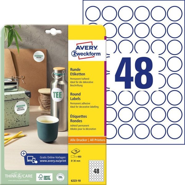 ετικέτες χαρτιού Avery Zweckform, A4, 10 φύλλα, διάμ. 30mm, στρογγυλές, ανθεκτικές