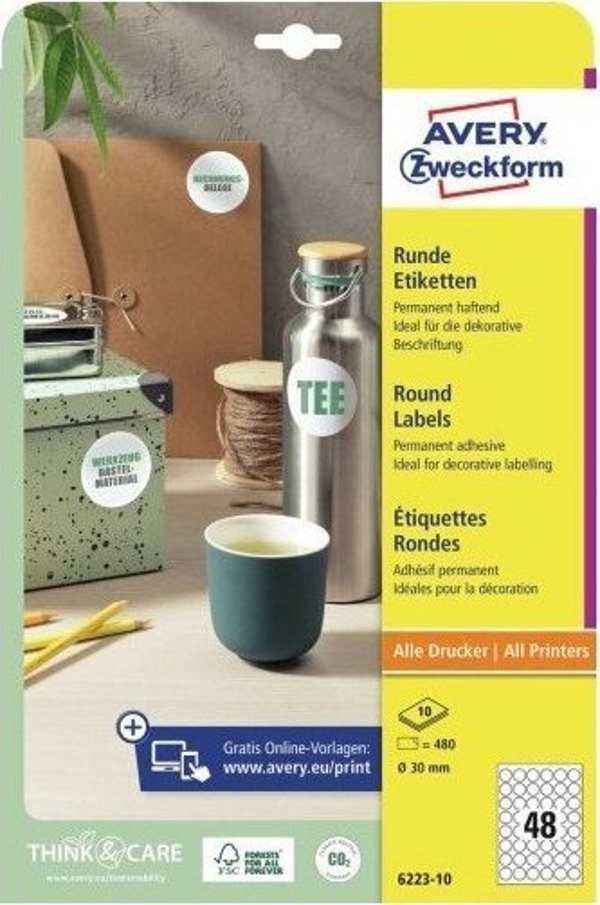 ετικέτες χαρτιού Avery Zweckform, A4, 10 φύλλα, διάμ. 30mm, στρογγυλές, ανθεκτικές