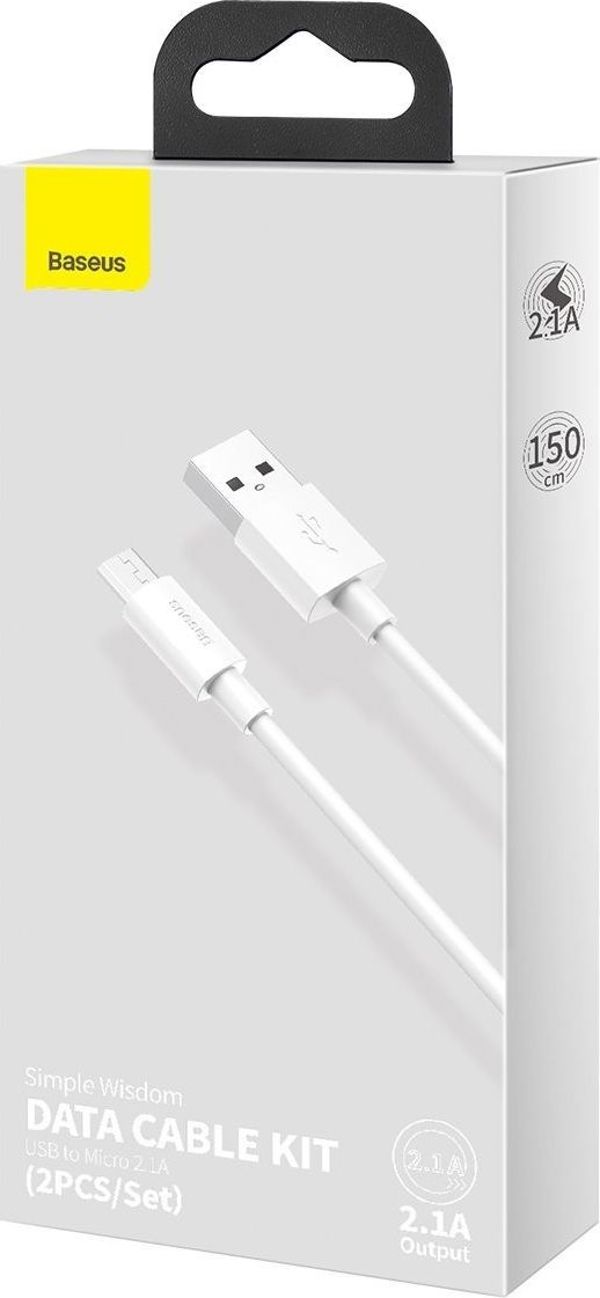 Baseus Simple Wisdom Data Cable Kit USB To Micro 2.1a 2pcs/set 1.5m White (TZCAMZJ-02) (BASTZCAMZJ-02)