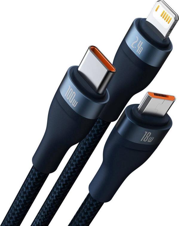 Καλώδιο USB Baseus USB-A - USB-C + microUSB + Lightning 1.2 m Μπλε (CASS030003)