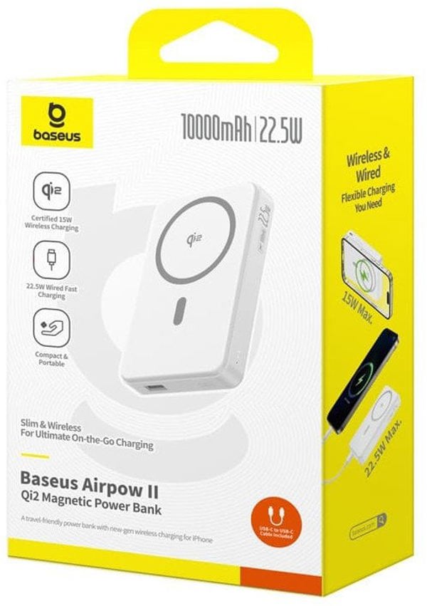 Powerbank Baseus Airpow II 10000mAh Qi2 με MagSafe 22,5W με καλώδιο Baseus Simple Series USB-C - USB-C 20V/3A (30cm) - λευκό