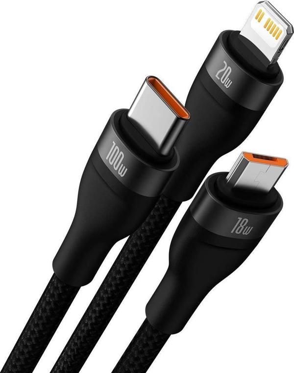 Καλώδιο USB Baseus USB-A + USB-C - USB-C + microUSB + Lightning 1.2 m Μαύρο (CASS030101)