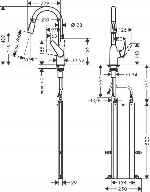 Μπαταρία κουζίνας Hansgrohe Kitchen faucet with pull-out hose Hansgrohe Focus M42, 71820000