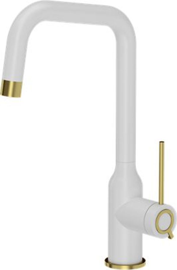 Quadron Natalie Q Line Μπαταρία Κουζίνας Επιτραπέζια, Ανοξείδωτο Ατσάλι, Λευκό με Χρυσές Λεπτομέρειες, 360° Περιστρεφόμενο Στόμιο