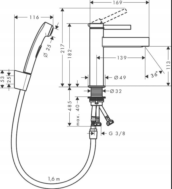 Βρύση νιπτήρα Hansgrohe με ντουζιέρα μπιντέ Hansgrohe Finoris, 76210000, χρώμιο 14111816 4059625395233