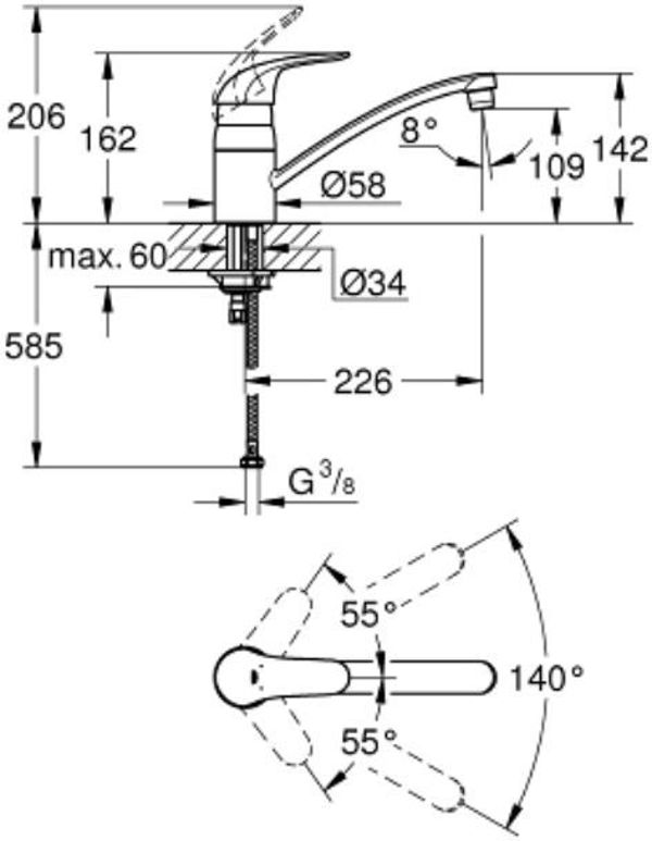 Μπαταρία κουζίνας Grohe Euroeco επιτραπέζια χρώμιο (32750000)
