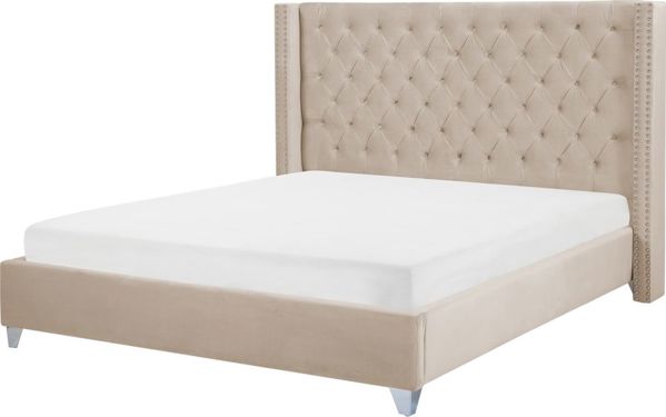 Beliani Κρεβάτι LUBBON Βελούδινο Μπεζ 160x200 cm
