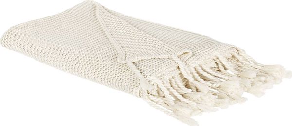 Κουβέρτα Beliani Nazilli 100% Βαμβακερή με Κρόσσια Boho 125x150 cm Μπεζ