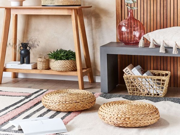 Πουφ Beliani WAHOO από Φυσικό Νερό Υάκινθο, Boho Μαξιλάρι Δαπέδου, 40 cm, Φυσικό Χρώμα