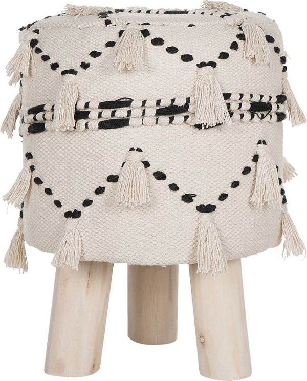 Σκαμπό Beliani Thondi Μπεζ Boho με Κεντήματα και Κρόσσια από Βαμβάκι και Ξύλο Ευκαλύπτου