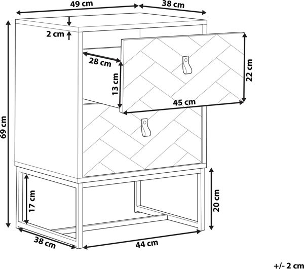 Κομοδίνο Beliani Nueva με 3 Συρτάρια, MDF σε Λευκό και Σκούρο Ξύλο, Μεταλλική Βάση, 69x49x38 cm