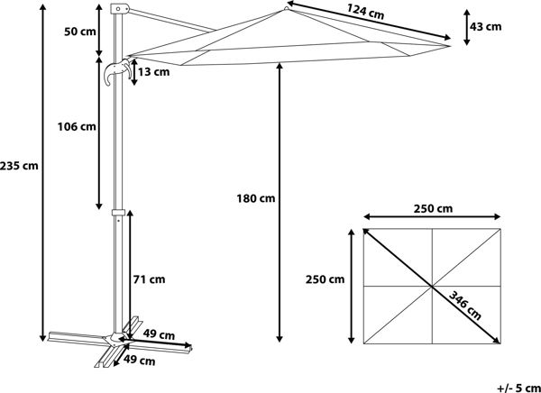 Beliani Ομπρέλα Κήπου Monza 250x250 cm, Τετράγωνη με Μπούμα, Μπορντό